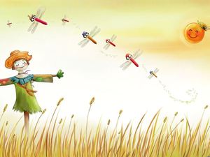PPT background picture of scarecrow cartoon watching dragonfly in wheat field