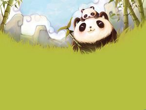 PPT background picture of giant panda and red panda in green bamboo forest
