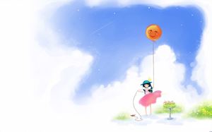在蓝天白云下掉下气球的女孩的PPT背景图片