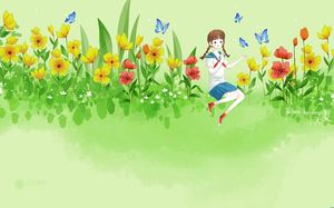 PPT背景图片的女孩在夏天的花朵和蝴蝶一起玩