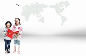 PPT background picture of two children holding promotional materials in hand