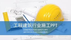 Template PPT manajemen konstruksi keselamatan dengan latar belakang gambar teknik helm keselamatan