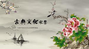 Modèle ppt de rapport de synthèse de style chinois encre de culture classique oiseau branche de pivoine
