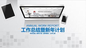 Computer and tablet office desktop elegant gray background business blue work summary and plan ppt template