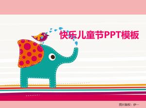 鸟和大象玩得开心-插画风格设计六一儿童节ppt模板