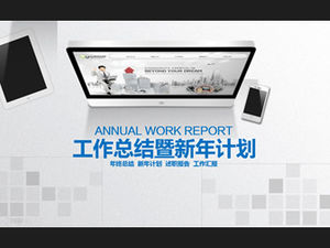 Computador e tablet escritório desktop elegante fundo cinza negócio azul resumo de trabalho e modelo de plano ppt