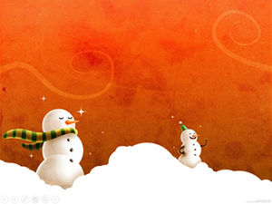 El pequeño muñeco de nieve en la plantilla ppt festiva roja de nieve