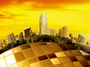 High-rise building golden business ppt template under wide-angle lens