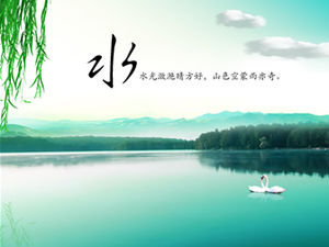 Saule pleureur oiseaux volants nuages ​​flottants lac et montagnes Modèle ppt de style chinois