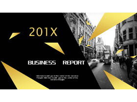 Modelo de PPT empresarial em ouro preto com fundo de imagem de rua europeia e americana
