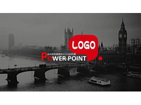 Black magazine PPT template on European city architectural background