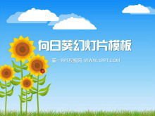 Sonnenblumenhintergrundkarikatur-Folienschablonen-Download unter blauem Himmel und weißen Wolken