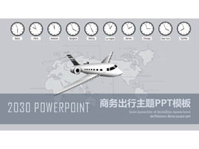 Modelo PPT de viagens de negócios com plano de fundo de avião e horário mundial