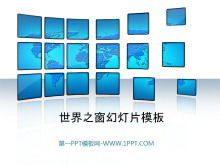 Download do modelo PPT da janela do mundo no fundo azul do mapa mundial
