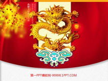 Plantilla de diapositiva de año nuevo festivo con dragón dorado pisando fondo de nubes auspiciosas