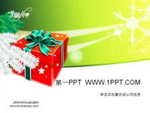 Yeşil zemin üzerine kırmızı hediye kutusu ile Noel PPT şablonu
