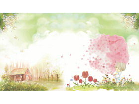 Fresh cartoon watercolor wooden house girl PPT background picture