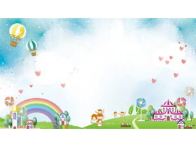 卡通热气球彩虹城堡PPT背景图片