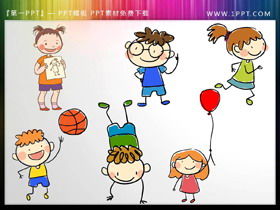 6 süße Cartoon handbemalte Kinder PPT-Material