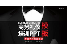 Template PPT pelatihan etiket bisnis dengan latar belakang gaun hitam