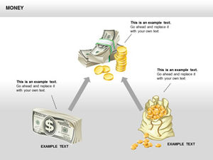 Kartu bank, emas batangan, kantong uang, dolar, koin, templat bagan ppt terkait manajemen keuangan