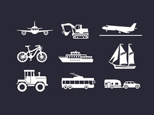 Samochody, samoloty, statki i ponad 100 rodzajów narzędzi transportowych z regulowanymi kolorami wypełnienia, czysty kolor materiału ikony ppt