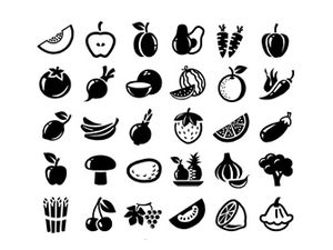Iconos vectoriales ppt de alimentos monocromo de frutas y verduras