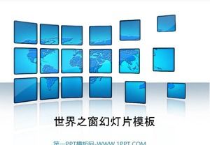 Jendela template PPT dunia dengan latar belakang peta dunia biru
