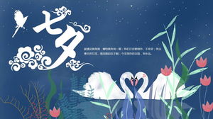 Dos cisnes blancos enamorados plantilla PPT Festival Qixi de fondo