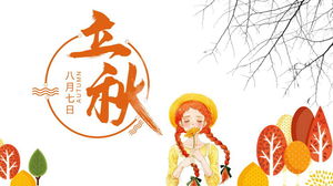 Cartoon autumn trees and girl background Liqiu theme PPT template