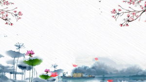 Imagen de fondo PPT de rama de flor de loto de tinta de color