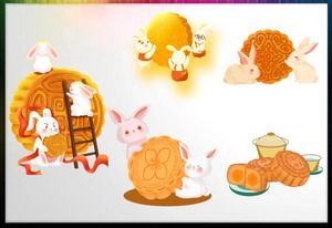 Cinque conigli dei cartoni animati e torte lunari materiale PPT