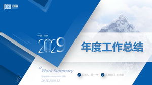 Modello PPT di riepilogo del lavoro di fine anno squisito blu sullo sfondo della montagna di neve