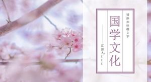 Çin kültürü propagandası eğitim yazılımı PPT şablonuyla süslenmiş güzel ve sıcak kiraz çiçekleri