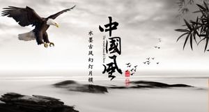 Atmospheric eagle flapping its wings decorated with ink Chinese style general PPT template