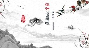 Çin fengshui mürekkebi manzara çiçekleri ve kuşları ppt şablonu