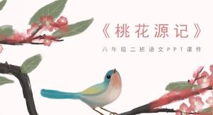 Flores e pássaros em aquarela simples e elegantes de fundo do ensino médio Peach Blossom Spring Chinese courseware PPT template