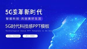Modello PPT a tema dell'era 5G con sfondo blu di espressione di caratteri virtuali