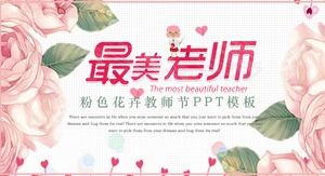 Modèle PPT de la fête des enseignants de fond de fleur rose chaud et élégant