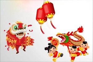 Dragon and lion dance red lantern PPT material