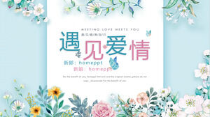 Синий свежий и красивый акварельный цветочный фон «Встреча с любовью» шаблон PPT