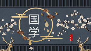 Template PPT tema pembelajaran Cina dengan rusa emas dan latar belakang bunga prem