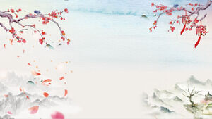 Montanhas de pintura de tinta clássica e pétalas de flor de ameixa PPT imagem de fundo