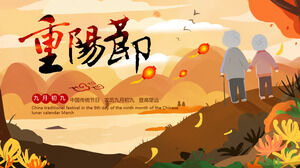 Chinesisches traditionelles Festival handgemalte Version der Chongyang Festival PPT-Vorlage bei Sonnenuntergang
