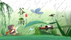 Pequeno calendário lunar chinês dinâmico de desenho animado fresco no início de março, cinco termos solares de chuva de grãos, reunião de classe temática modelo PPT