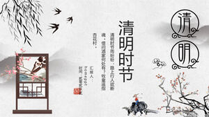 Template PPT musim Qingming tinta abu-abu yang elegan