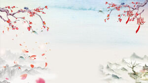 古典的な水墨画の山と梅の花の花びらPPTの背景画像