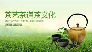 Elegancka zielona świeża herbata w stylu sztuki ceremonii parzenia herbaty motyw kultura herbaty szablon ppt