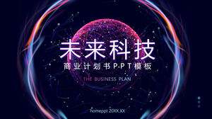 Template PPT rencana bisnis teknologi masa depan dengan latar belakang planet garis halo dot abstrak