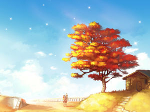 漫画の木の家の文字PPTの背景画像の下の青い空